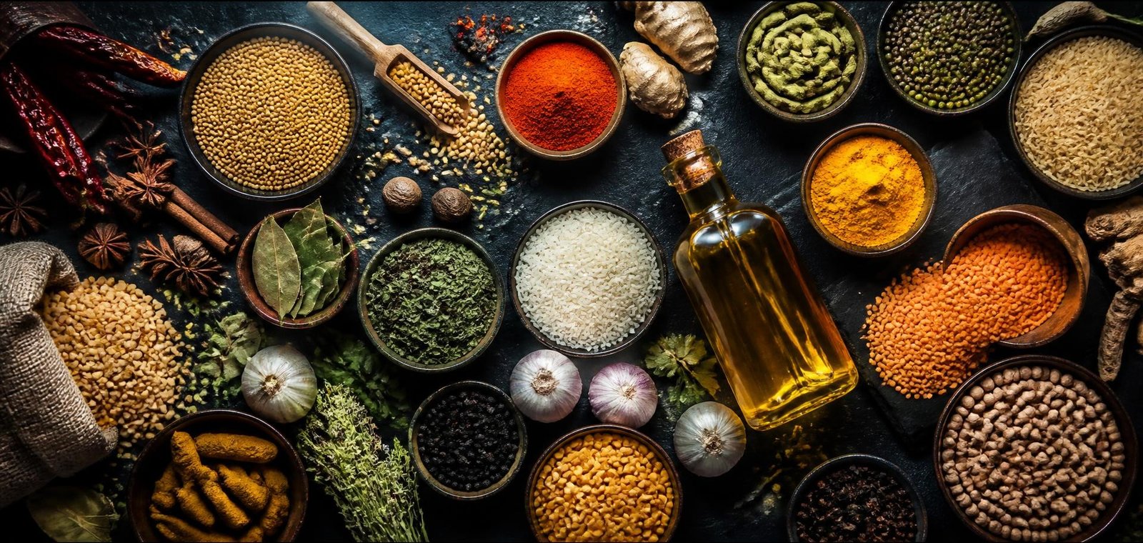 An expansive overhead spread of agricultural commodities and edible oils