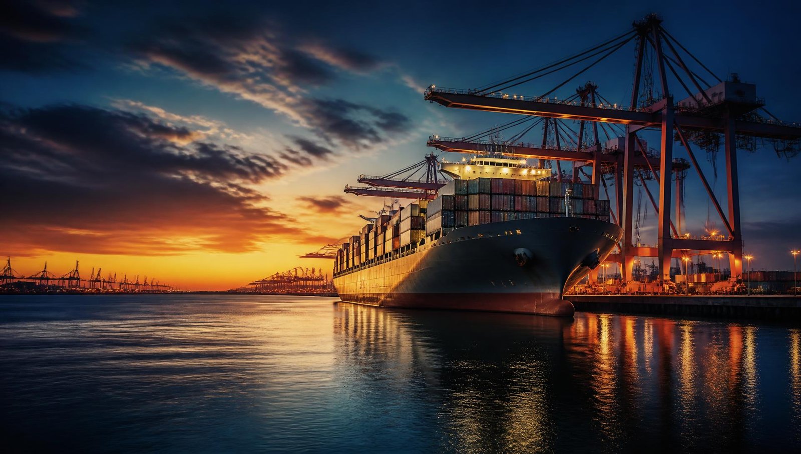 Container terminal working through the night under floodlights