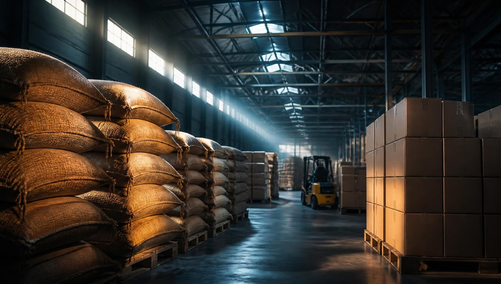 Long rows of palletised cartons and sacks inside an export warehouse