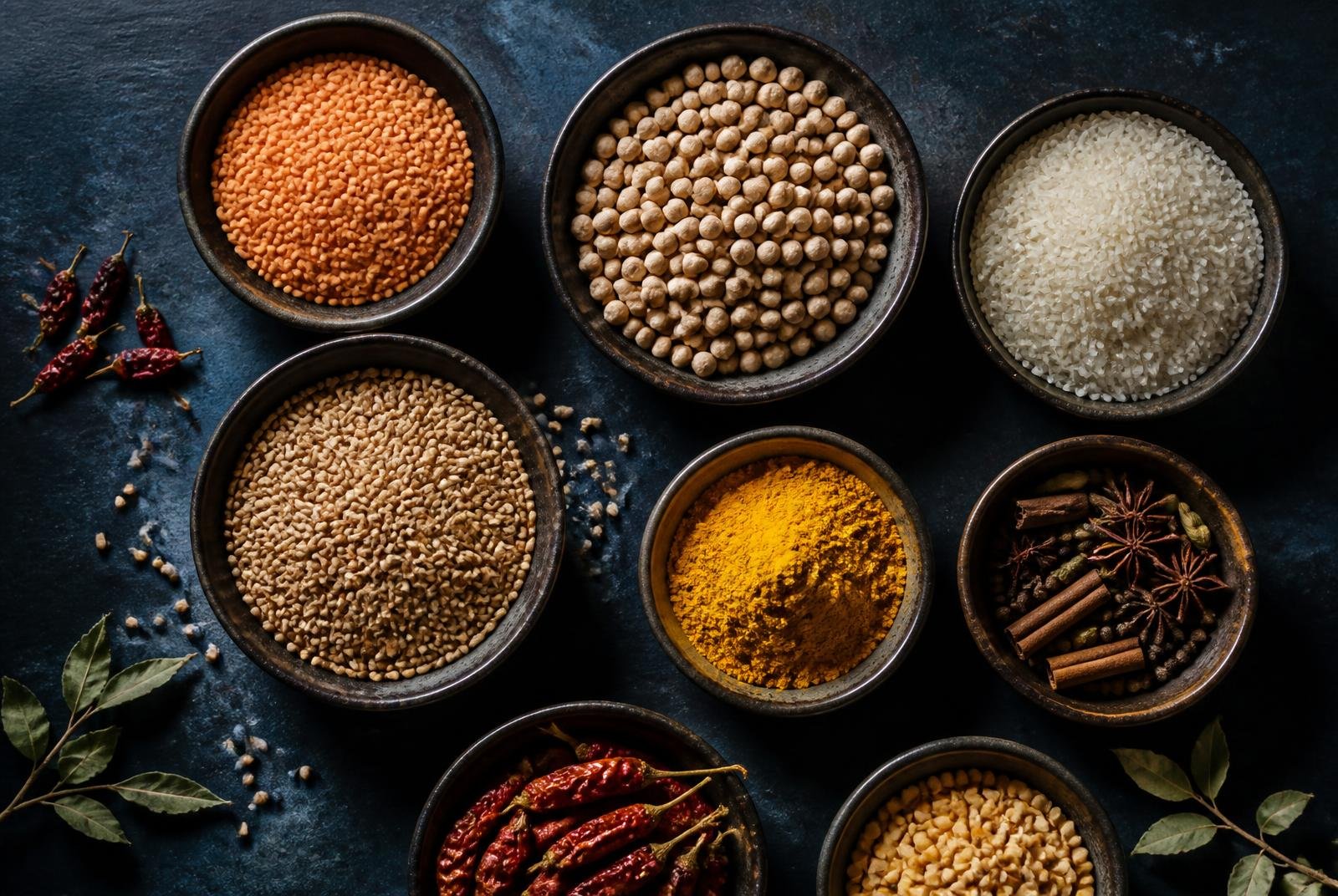 Assorted agricultural commodities in bowls on a dark surface
