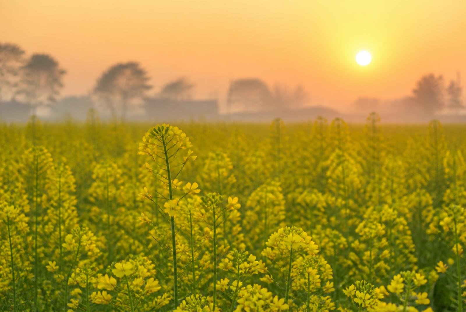 Mustard field in bloom at sunrise, the agricultural origin of Agampex edible oils